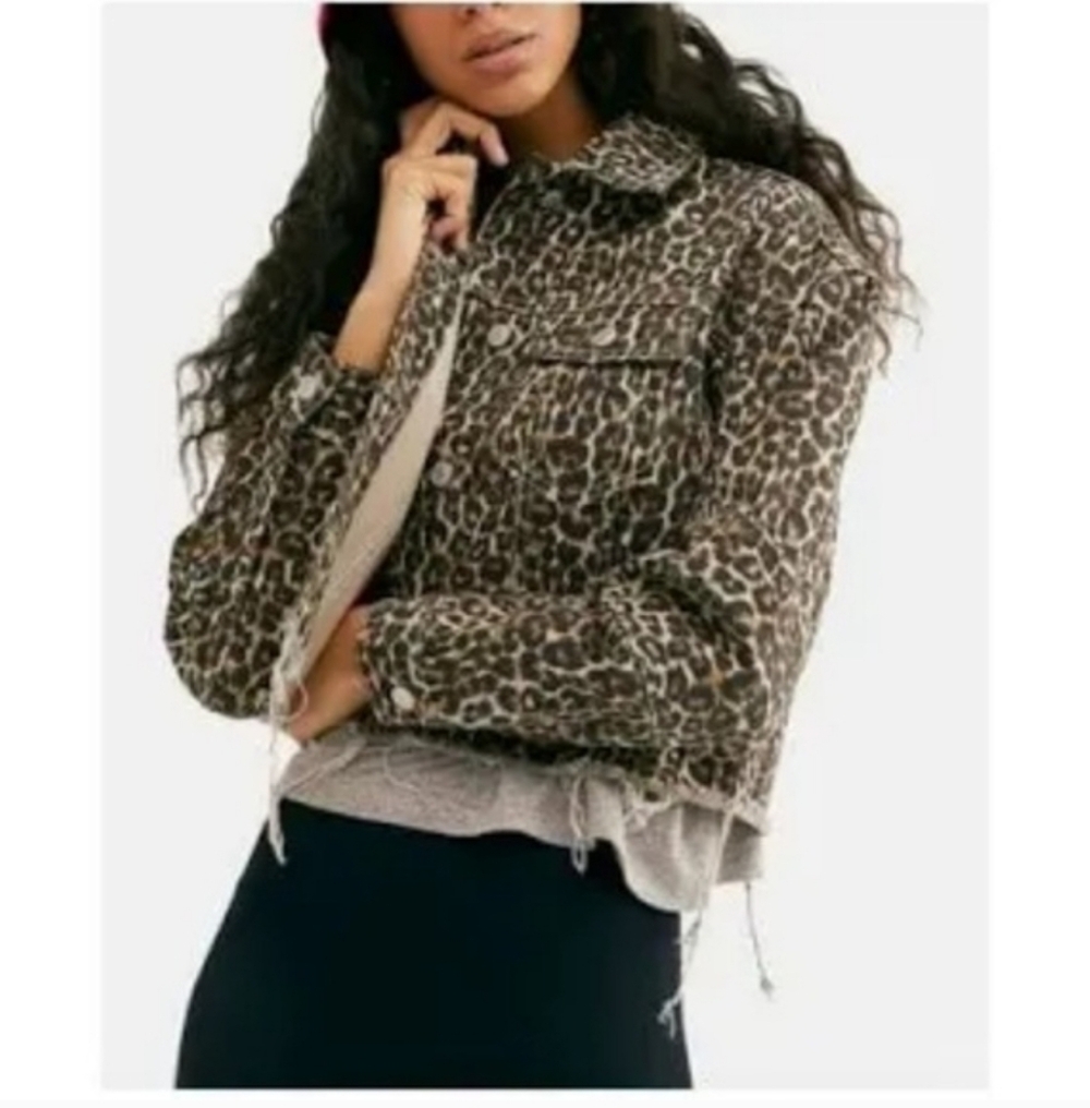 Free People Leopard Print Denim Jacket With Raw Hem Size S